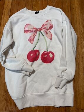 art class White Crewneck Sweatshirt with Pink Bow & Red Cherries